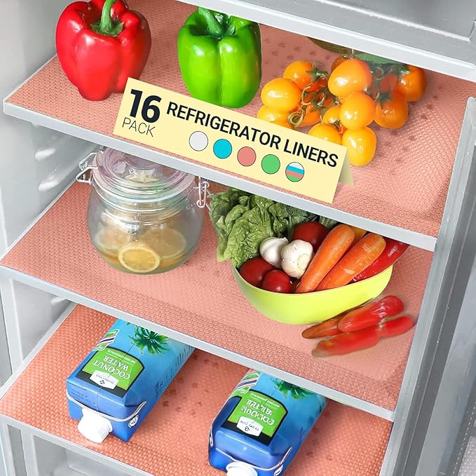 Refrigerator Liners for Shelves (16 Pack) by Linda’s Essentials - Non-Adhesive Shelf or Drawer Liner, BPA-Free Fridge Mats for Kitchen & Cabinets, Easy to Clean, Ideal Household Essentials (Pink)