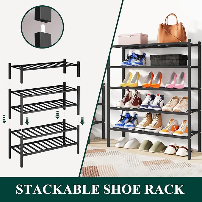 Smiry Shoe Rack, 3 Tier Bamboo Shoe Organizer, Stackable Free Standing Wooden Shoe Storage Shelf for Closet, Entryway, Front Door Entrance, Black