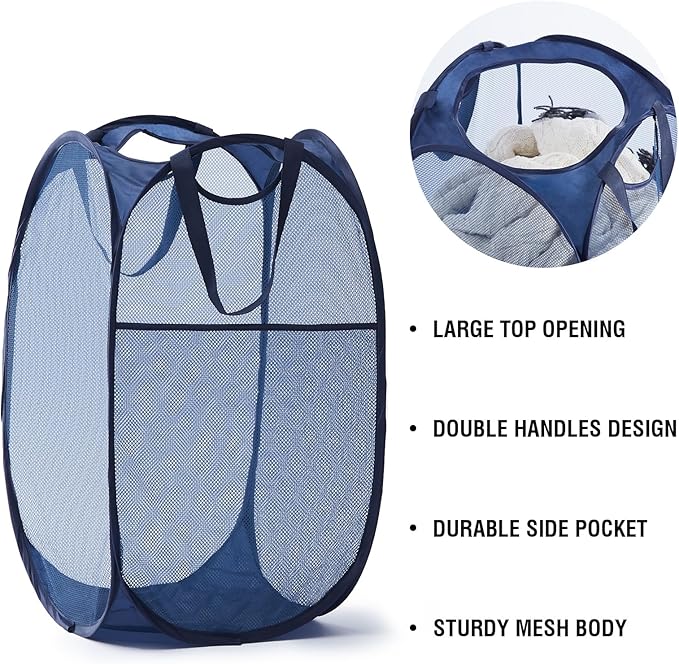 TECHMILLY Upgraded 105L Collapsible Mesh Pop Up Laundry Hamper with Sturdy Handles and Side Pocket - Portable Foldable Clothes Baskets for Dorm, Bathroom & Travel Storage (Blue Plus)