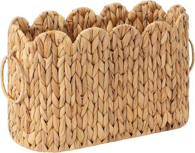 StorageWorks Scalloped Bathroom Toilet Paper Storage Holder, Wicker Toilet Paper Basket for 6 Regular Rolls, Slim Scalloped Basket Organizer with Handles, Water Hyacinth Storage Baskets for Bathroom