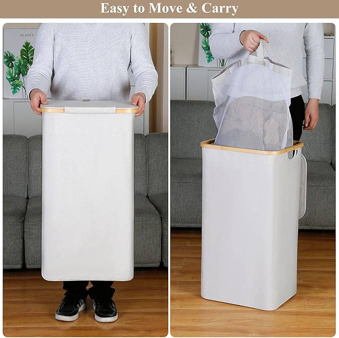 Laundry Basket with Lid, 110L Laundry Hamper with Bamboo Handle,Clothes Basket Organizer with Removable Inner Bag for Clothes Toys Towels,Light Grey