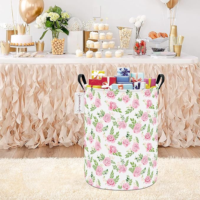 QUEENLALA Large Storage Basket,Laundry Hamper/Bathroom/Home Decor/Collapsible Round Storage Bin,Boys and Girls Hamper/Boxes/Clothing(Round-Pink roses)