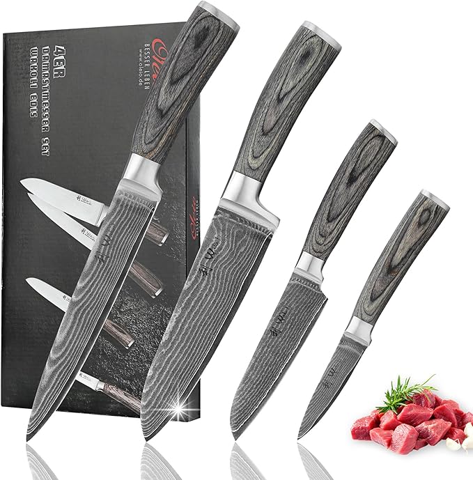 Wakoli EDIS Damascus Kitchen Knife Set, 4-Piece VG10 Core, Pakkawood Handle