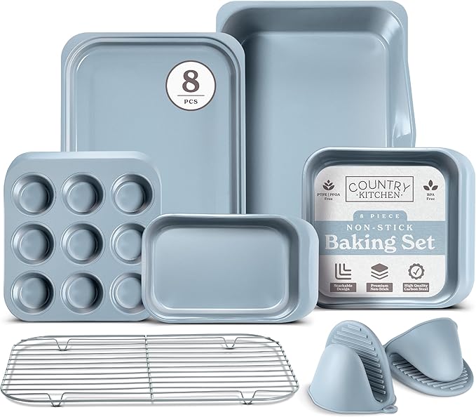 Country Kitchen Nonstick Stackable Bakeware Set - Deluxe Heavy Duty, Durable, Easy Release Baking Set, 8 Pcs, Cream