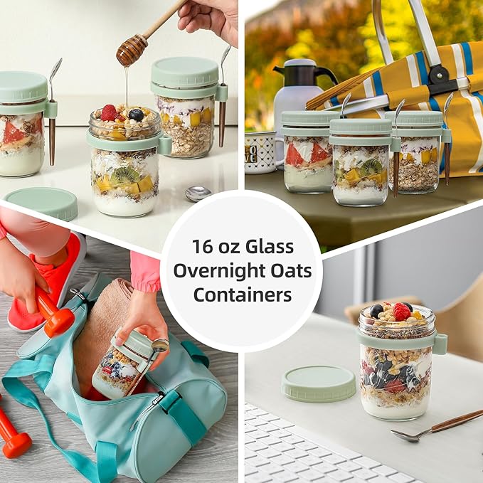 6 Pack Overnight Oats Containers with Lids and Spoons, 16 oz Glass Mason Overnight Oats Jars, Large Capacity Airtight Jars for Milk, Cereal, Fruit(Green)