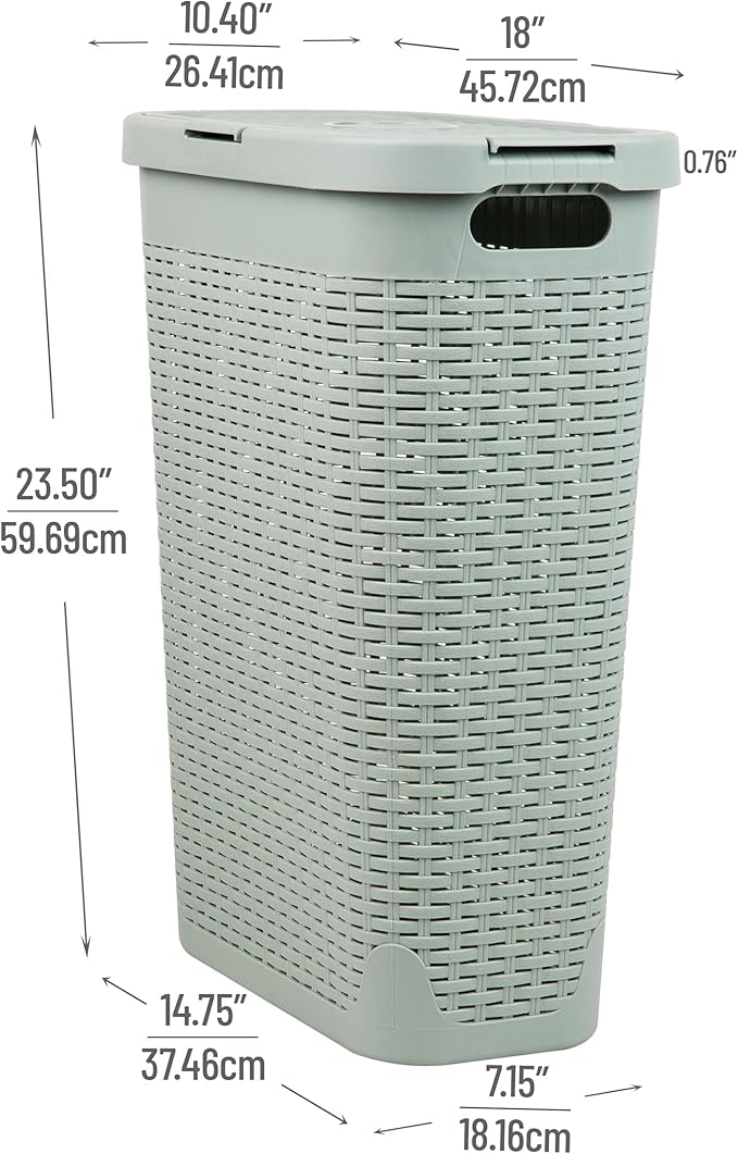 Mind Reader Slim Laundry Hamper with Lid, 40L Clothes Basket, Premium Wicker Design, Plastic, Mint