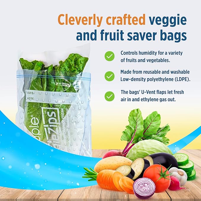 Bluapple Produce Saver Ethylene Gas Absorber - Fresh Fruit & Vegetable Storage with VeggieZips Humidity Control Storage Bag, Kitchen Must Haves, Produce Storage, Minimizes Waste, BPA Free - Value Pack