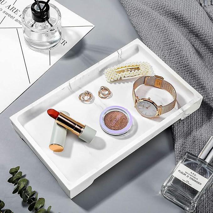 Luxspire Bathroom Vanity Tray, 10 x 6 inch Marble Bathroom Perfume Tray Dresser Tray, Resin Rectangle Vanity Tray, Bathroom Vanity Countertop Organizer for Cosmetics Hand Towel, M, Gravel White