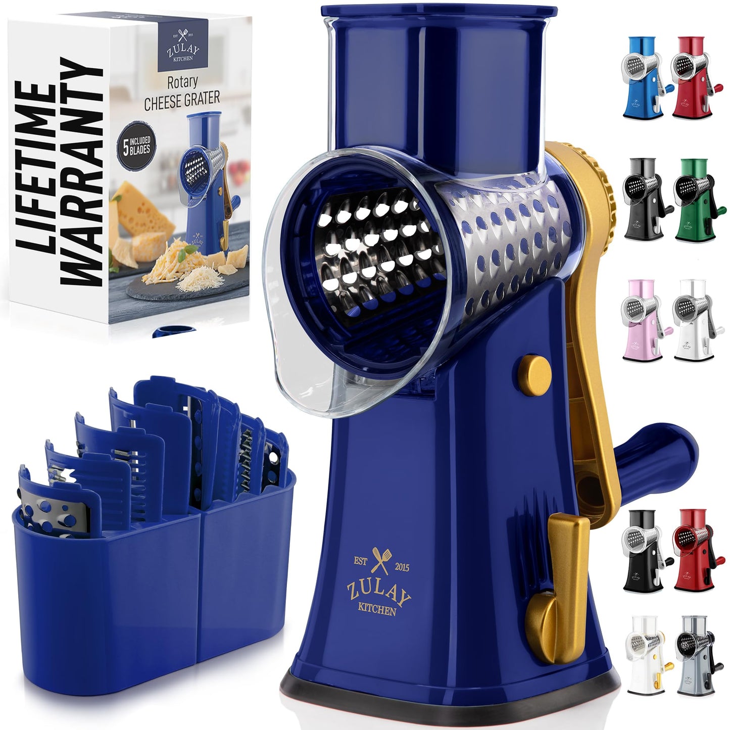 Zulay Kitchen Rotary Cheese Grater 5 Blade Cheese Shredder - Manual Hand Crank Cheese Grater With Reinforced Suction & 5 Interchangeable Drums - Easy to Use, Vegetable Chopper Round Mandoline Slicer