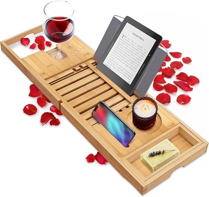 SereneLife Luxury Bamboo Bathtub Caddy Tray - Adjustable Natural Wood Bath Tub Organizer with Wine Holder, Cup Placement, Soap Dish, Book Space & Phone Slot for Spa, Bathroom & Shower - SLBCAD20