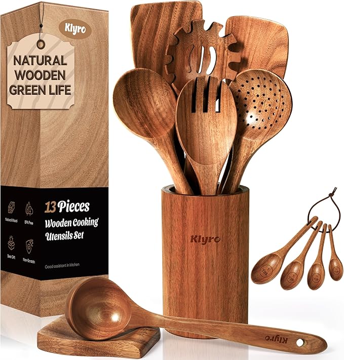 KLYRO 13 Pcs Wooden Cooking Utensil Set with Gift Box – Natural Wooden Spoons for Cooking & Serving, Nonstick Friendly, Perfect Housewarming & Holiday Gift