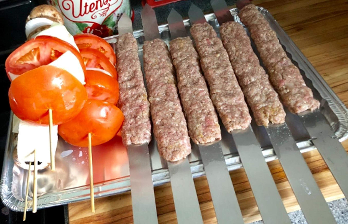 G & F Products BBQ Skewers, 23" Flat Stainless Steel Metal Kabob Skewers with Wooden Handles, Reusable 8-Piece Set with Storage Bag for Grilling Meat, Vegetable & Shish Kebab