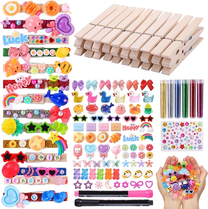 JOICEE 80PCS Cheer Pins Spirit Clips,Include 80 Natural Wooden Clothes Pins 126 Resin Animals Bows Daisy and Stickers Pen 300 Beads Pearls for Cheerleading Backpacks Ribbon Team Cheer Gifts