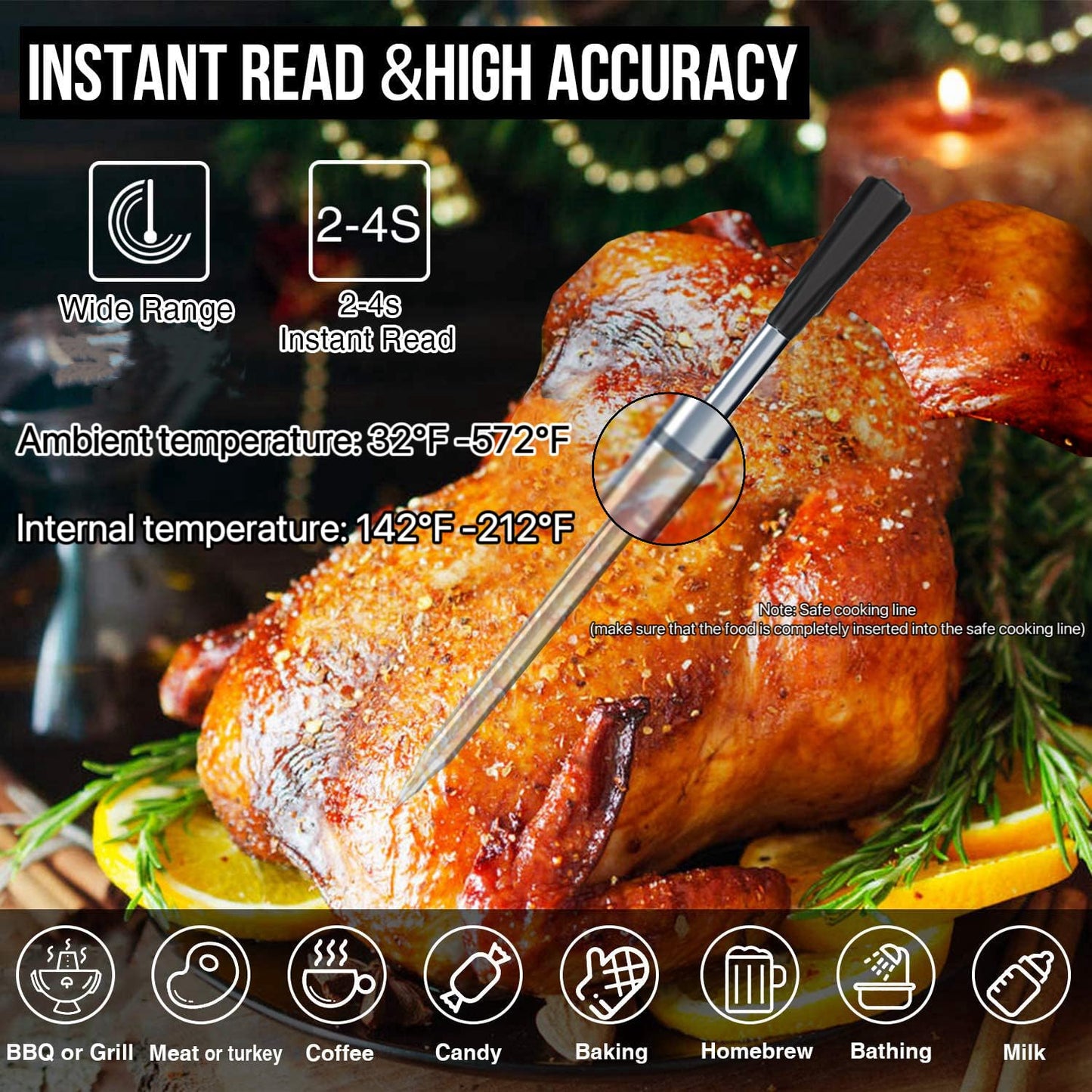 Wireless Bluetooth Meat Thermometer, 820ft Range, VA HD Digital Display, Instant Read, Waterproof Probe for Grilling, Oven, Air Fryer, Smoker, Turkey, Steak, Kitchen Cooking