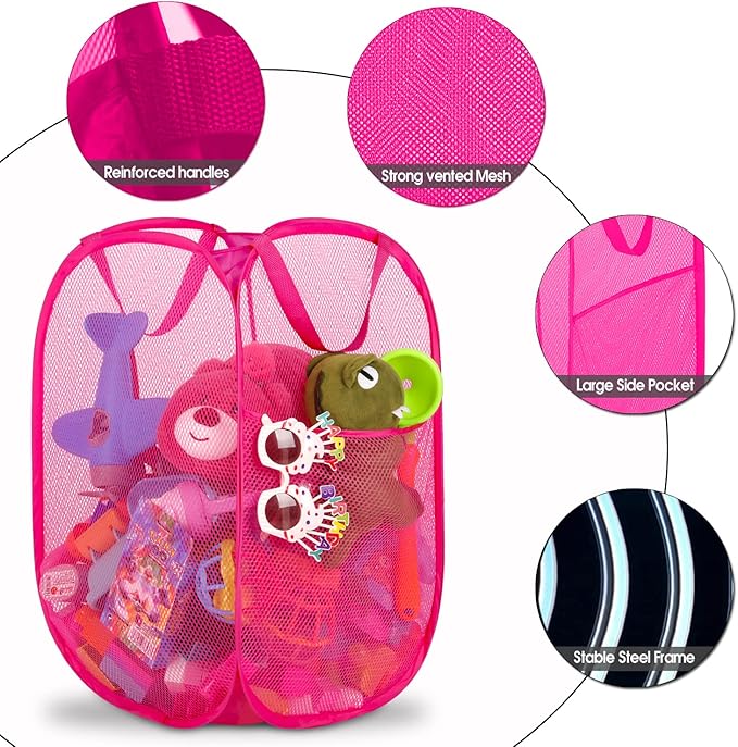 BATTOO Deluxe Strong Mesh Pop up Laundry Hamper Basket with Side Pocket for Laundry Room, Bathroom, Kids Room, College Dorm or Travel 3 Pack Blush