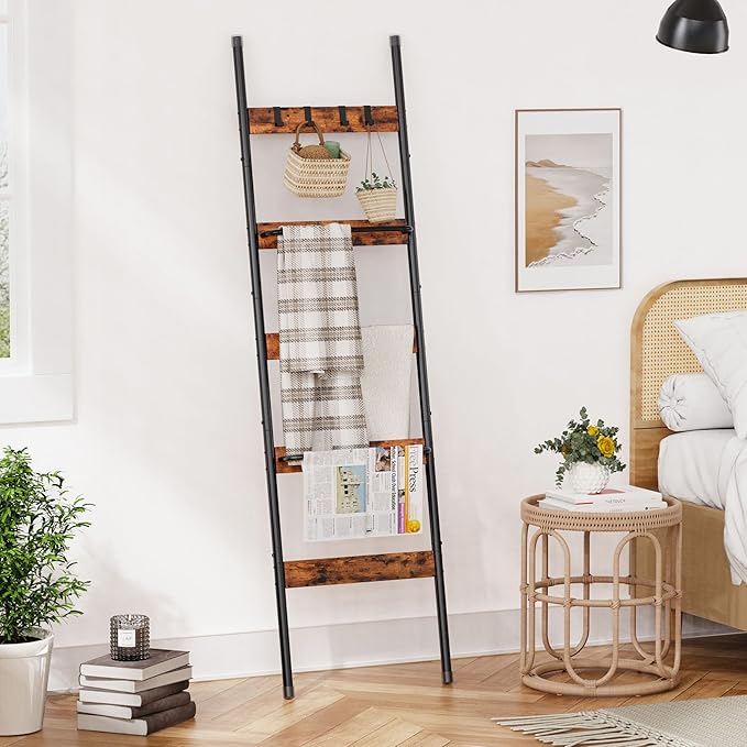 Blanket Ladder, 5-Tier Towel Holder with 2 U-shaped storage rack, Farmhouse Wall Leaning Decorative Rack Shelf, Towel Display Rack, Removable Hooks, Quilt Ladder for Living Room, Bedroom, Rustic Brown