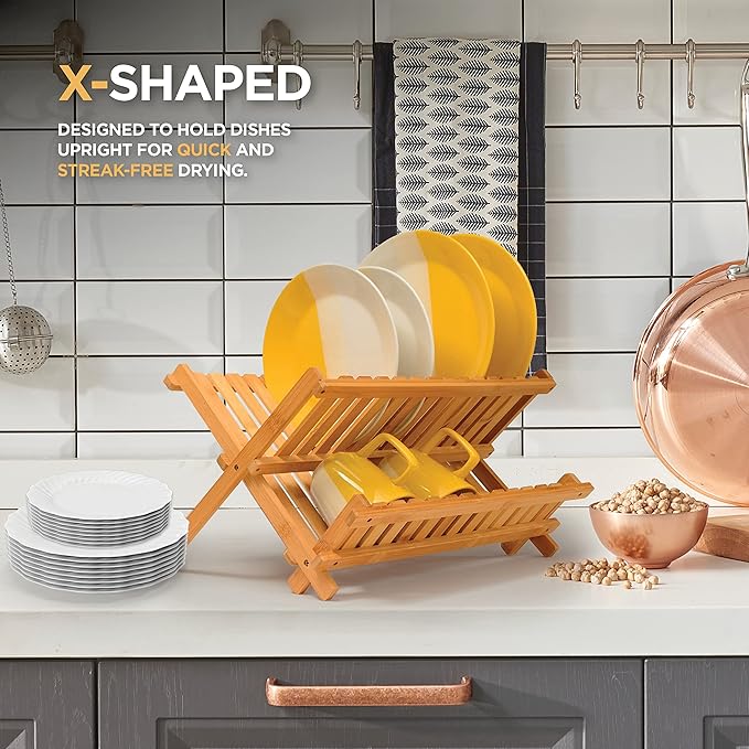 Dish Drying Rack - Bamboo Dish Rack for Kitchen Counter, Collapsible 2-Tier Wooden Drying Rack for Dishes, Plates, Cups, Utensils - Foldable Dish Drainer, Space-Saving Kitchen Drying Rack Organizer