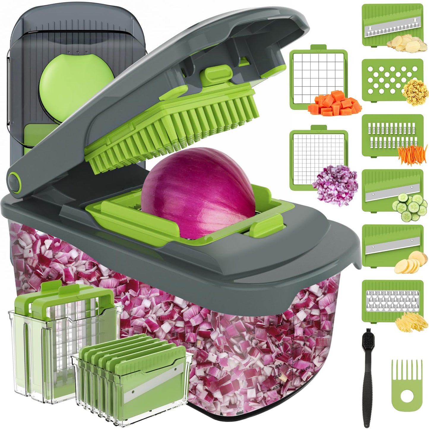 Ourokhome Onion Chopper Dicer with Container, Manual Food Cutter with Handheld Veggie Spiral, Hand Vegetable Mandolin slicer for Potato, Tomato, Carrot, Essential Kitchen Gadget (6 in 1, Gray)