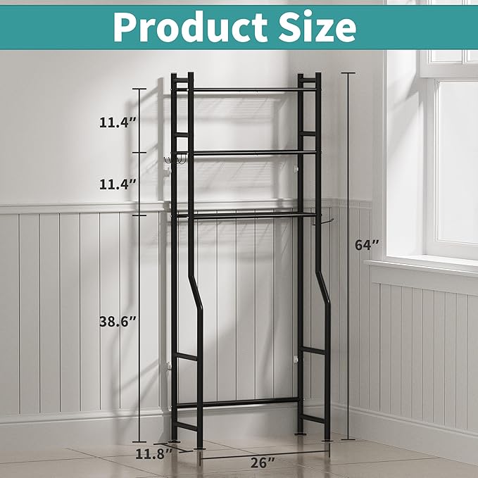 3-Tier Over The Toilet Storage with Paper Holder, Metal Bathroom Organizers and Storage for Small Space, Freestanding Bathroom Shelves with 4 Hooks, Above The Toilet Storage Shelf (Black)