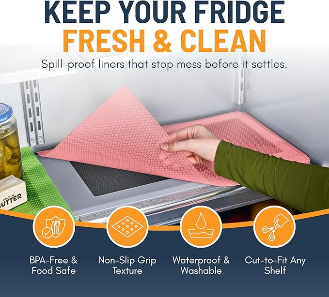 Refrigerator Liners for Shelves (8 Pack) by Linda’s Essentials - Non-Adhesive Shelf or Drawer Liner, BPA-Free Fridge Mats for Kitchen & Cabinets, Easy to Clean, Ideal Household Essentials(Multi Color)