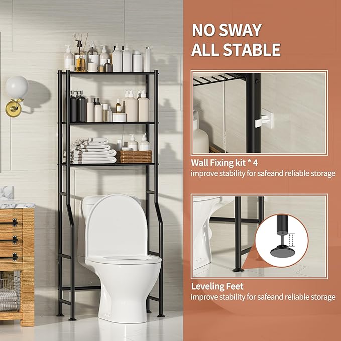 3-Tier Over The Toilet Storage, Freestanding Metal Bathroom Shelves, Space Saver Above The Over Toilet Storage Shelf for Bathroom (Black)