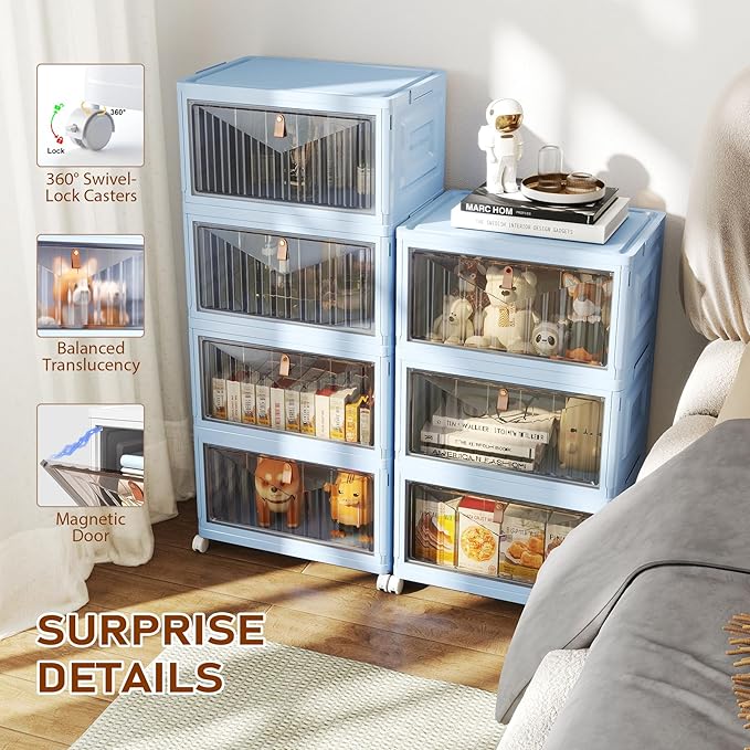4 Tier Stackable Plastic Storage Bins with Lid and Wheels - 23 QT Closet Organizers and Storage, Foldable Storage Containers, Organization and Storage Boxes for Craft, Home, Pantry, Dorm, Blue