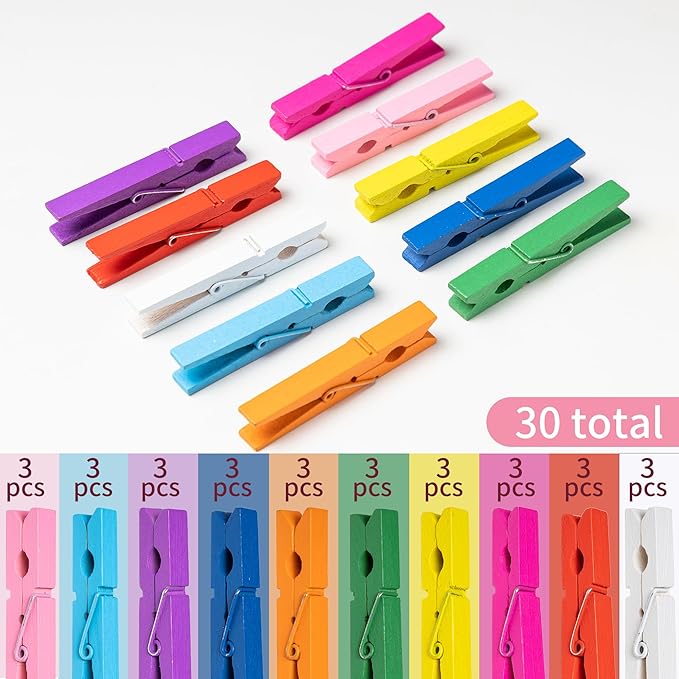 10 Colors Clothes Pins, 30PCS 2.9 Inch Wooden Clothespins, Rust Resistant Clothes Clip for Hanging Pictures, Photos, Clothes, Decoration Crafts