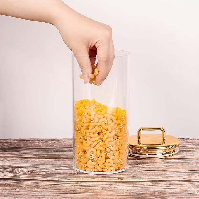 2 Pack 32 oz Large Acrylic Storage Apothecary Jar with Gold Airtight Lid | Bathroom Vanity Organizer Containers | Ideal Decorative Canisters for Shells, Bath Salt, Grains, Cotton Ball, Flossers