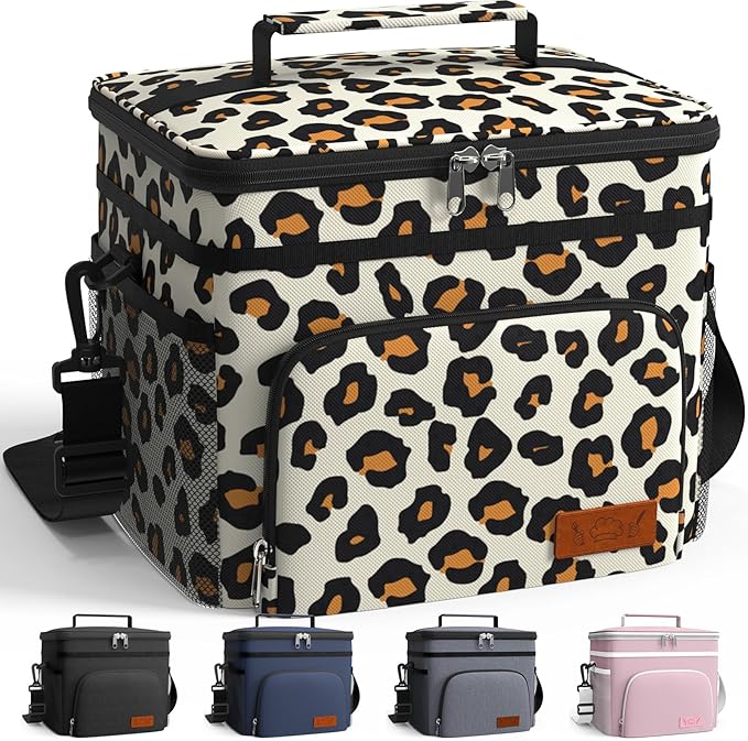 HOTOR Insulated Lunch Box for Men & Women - Leak-Proof Cooler Lunch Bag with 4 Pockets, Adjustable Strap, Ideal for Work, Picnic, Travel - Medium, Brown Leopard, 10.2"×6.9"×8.5"