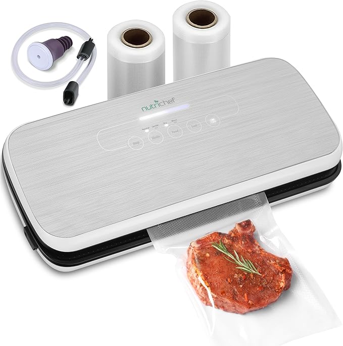 NutriChef Automatic Vacuum Air Sealing System for Food Preservation with Starter Kit, Compact Design, Lab Tested, Dry & Moist Food Modes with Led Indicator Lights, Silver