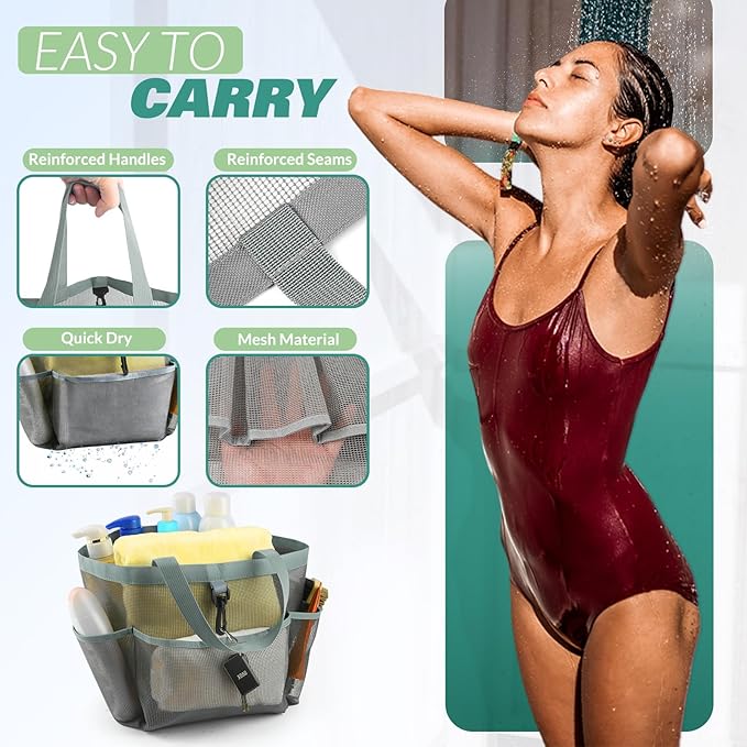 Mesh Shower Caddy Portable for College Dorm Room Essentials with 8 Pockets, Shower Bag for Beach, Swimming, Gym, Travel, Bathroom(All gray)