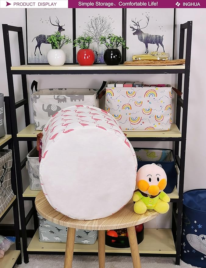 Laundry Hamper Large Canvas Fabric Lightweight Storage Basket/Toy Organizer/Dirty Clothes Collapsible Waterproof for College Dorms, Boys and Girls Bedroom,Bathroom(Flamingos)