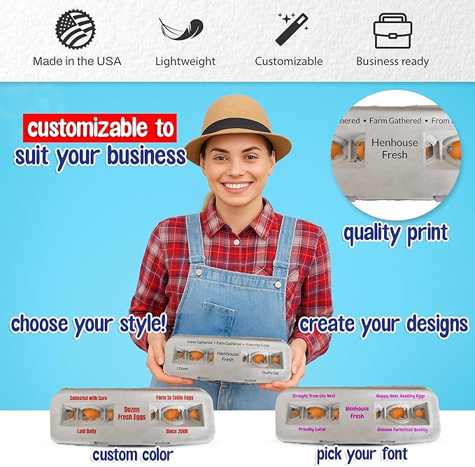 MT Products Custom Printed Egg Cartons 1 Dozen - Natural Pulp Personalized Egg Container (Pack of 250) - Made in USA
