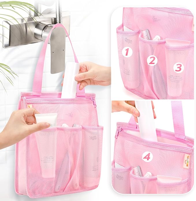 Mesh Shower Caddy Portable, Gym Travel Camp Dorm Room Essentials for Women and College Girl, Pink Bathroom Shower Bag