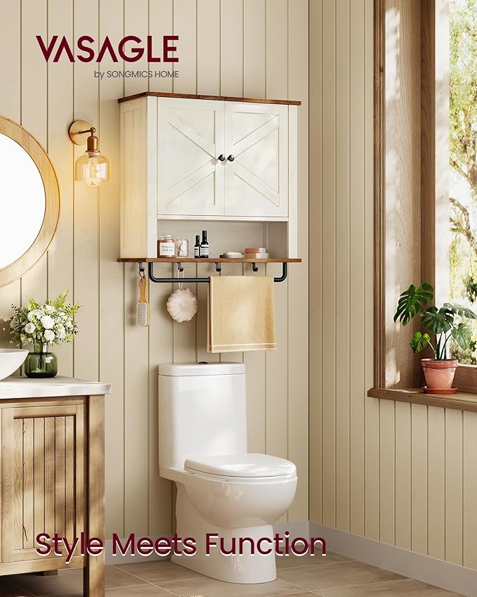 VASAGLE LIRY Collection - Bathroom Wall Cabinet, Farmhouse Wall-Mounted Medicine Storage Cabinet with 2 Barn Doors, Adjustable Shelf, Towel Bar, 7.9 x 23.6 x 28.7 Inches, Rustic White UBBK131W01S