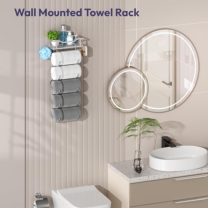 SWTYMIKI Over The Door Towel Rack - 6 Tier Towel Racks for Bathroom Wall Mounted, Towel Holder with Shelf, Hanging Rolled Towel Storage Organizer for Small Bathroom, Camper, RV, Sliver