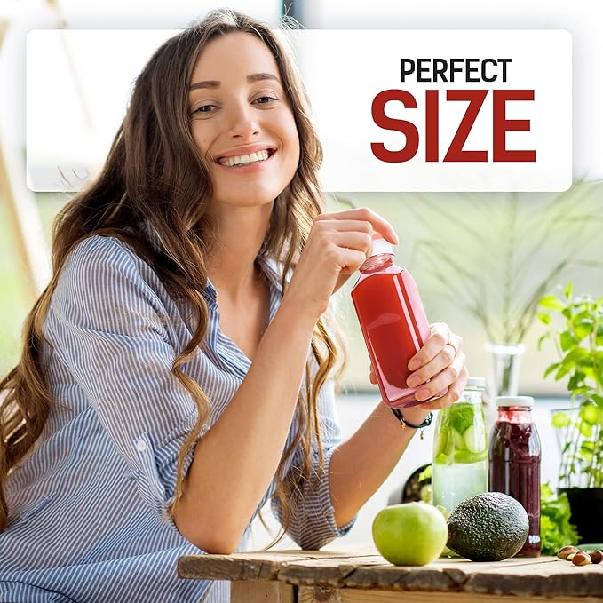 Norcalway Plastic Juice Bottles with Caps, Reusable Juicing Bottles, Clear Drink Containers with Lids for Juicing, Smoothie and Other Beverages - 12oz 6pcs