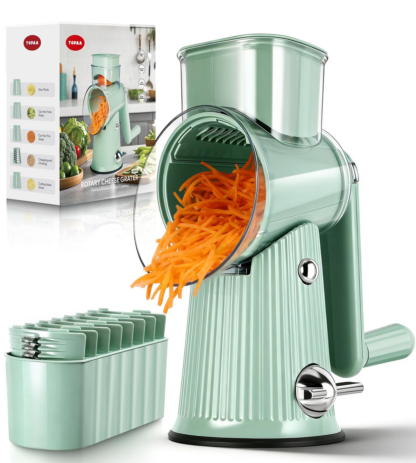 Rotary Cheese Grater with Handle - Vegetable Shredder with 5 Blades & Strong Suction Base, Round Slicer & Food Chopper for Kitchen (Green)