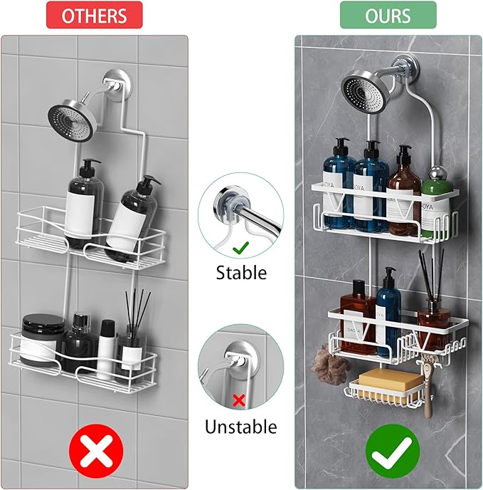 Over the Shower Head Caddy, White Shower Caddy Hanging, 3 Tier Anti-Swing Bathroom Organizer with Soap Holder & Hooks
