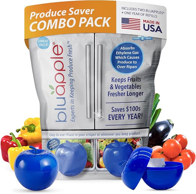 Bluapple Produce Saver Ethylene Gas Absorber - Fresh Fruit & Vegetable Storage for Refrigerator, Each Packet Lasts 3 Months, Produce Storage, BPA Free - Combo Pack (8 Packets & 2 Bluapples for 1 Year)
