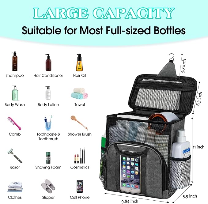 Attmu Mesh Shower Caddy Portable Dorm Tote Bag, Quick Dry Hanging Toiletry Bag, Large Capacity Shower Bag for College Dorm Room Essentials for Boys and Girls for Bath Camping (Gray)