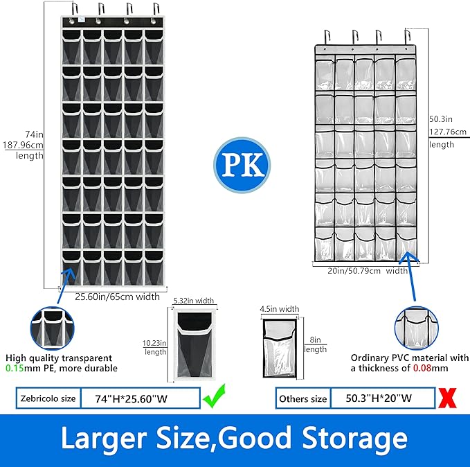 over the door shoe organizer,2025 upgraded,over door shoe organizer,35 Huge clear pockets,Store size 13 shoes,shoe organizer,Strong material,hooks Suitable for various doors,Black