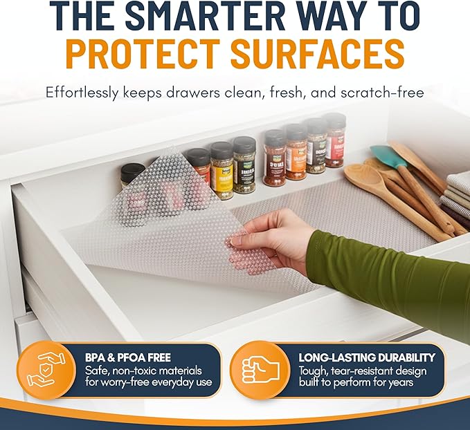 Shelf Liner Drawer Liner for Kitchen Cabinets Non-Adhesive by Linda’s Essentials (17.7 x 120 Inches) - Non-Slip Easy Clean Kitchen Cabinet and Cupboard Protector, Waterproof Mat, Clear Roll