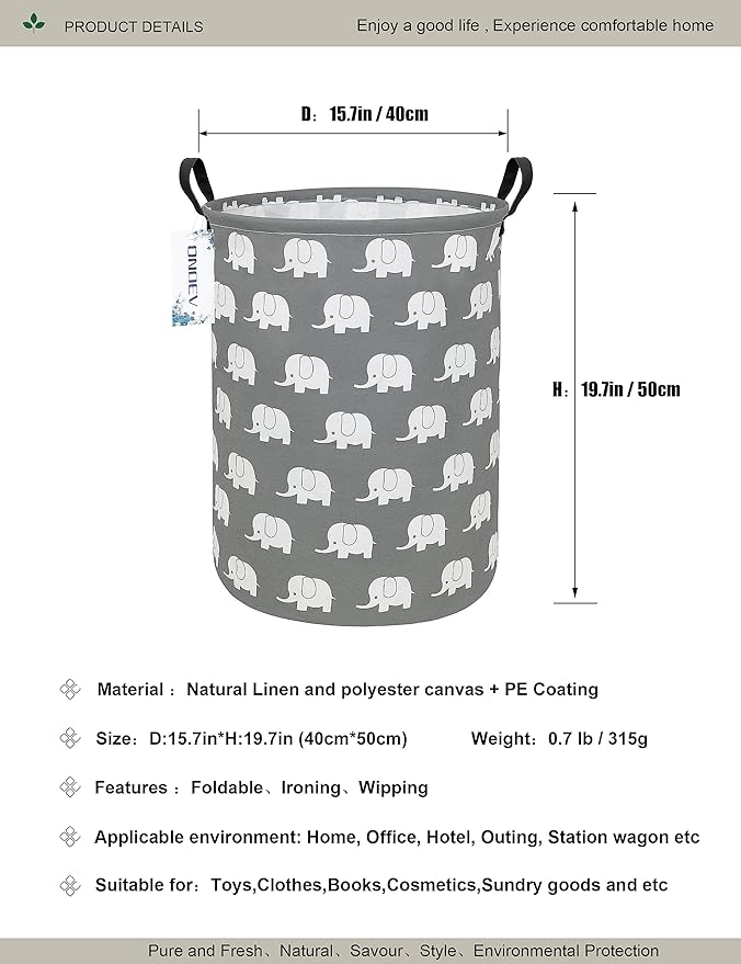 Round waterproof laundry basket,foldable storage basket,laundry Hampers with handle,gift basket,suitable for children's room and toy storage (Elephant)