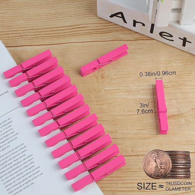 Phinus 72 Pcs Wooden Clothes Pins, 2.9 Inch Clothes Pins for Hanging Clothes, Pictures, Photos, Classroom, Crafts, Decoration, Clothespins Heavy Duty (Rose)