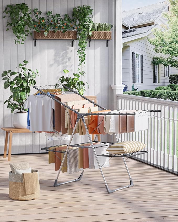 Clothes Drying Rack, Foldable 2-Level Laundry Drying Rack with Height-Adjustable Wings, for Clothing & Bedding, Free-Standing Space-Saving Rack, Indoor & Outdoor, 55.5" L × 22.8" W, Gray
