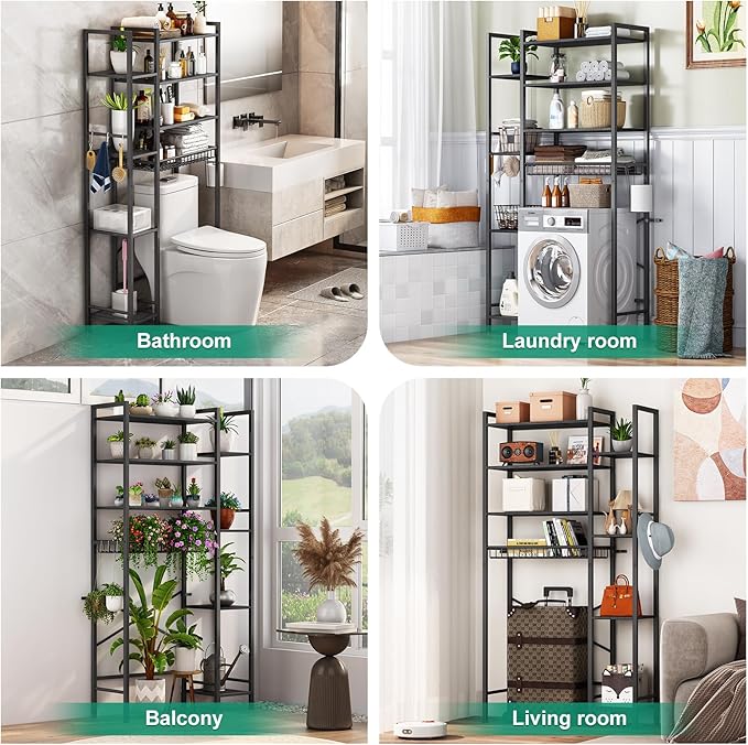 8-Tier Over The Toilet Storage with Side Rack, Over Toilet Storage Rack with Adjustable Shelf & Drain Basket, Freestanding Bathroom Organizer for Balcony, Laundry (Pure Black)