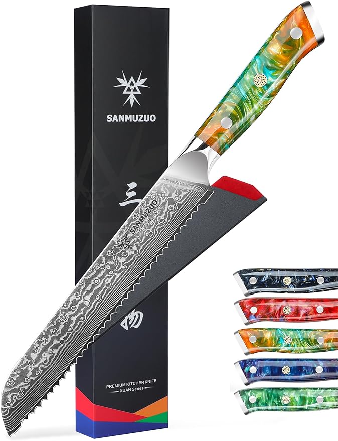 SANMUZUO 8” Bread Knife Serrated Kitchen Chef Knife- Damascus Steel & Resin Handle - Xuan Series (Sapphire Blue)