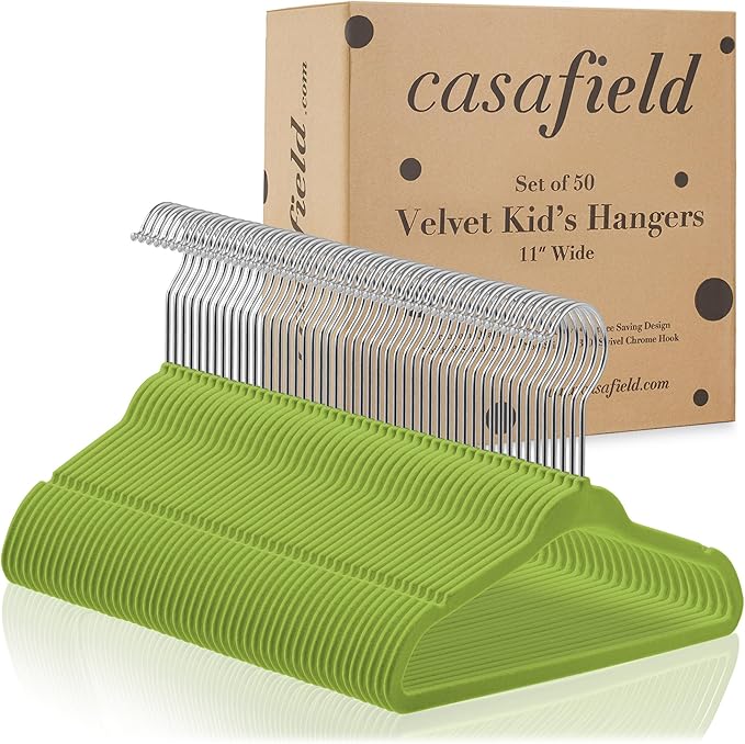 Casafield 50 Velvet Baby Hangers - 11" Size for Infant & Toddler Clothes - Lime Green