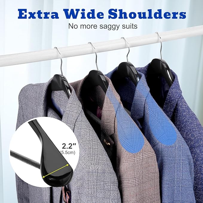 HOUSE DAY High-Grade Suit Hangers, Wide Shoulder Wooden Hangers with Non Slip Pants Bar, Smooth Finish 360° Swivel Hook Solid Wood Coat Hangers for Dress, Jacket, Heavy Clothes Hanger 6 Pack (Black)